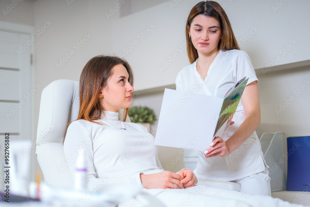 Pretty woman in a beauty salon and consulting with a beautician on anti-aging treatments looking into magazine Pretty woman in a beauty salon and consulting with a beautician on anti-aging treatments looking into magazine