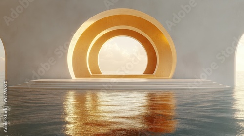 3D render of an abstract minimalist white background featuring an empty hemispheric stage for product presentation with golden rounded arches and reflections in the water.