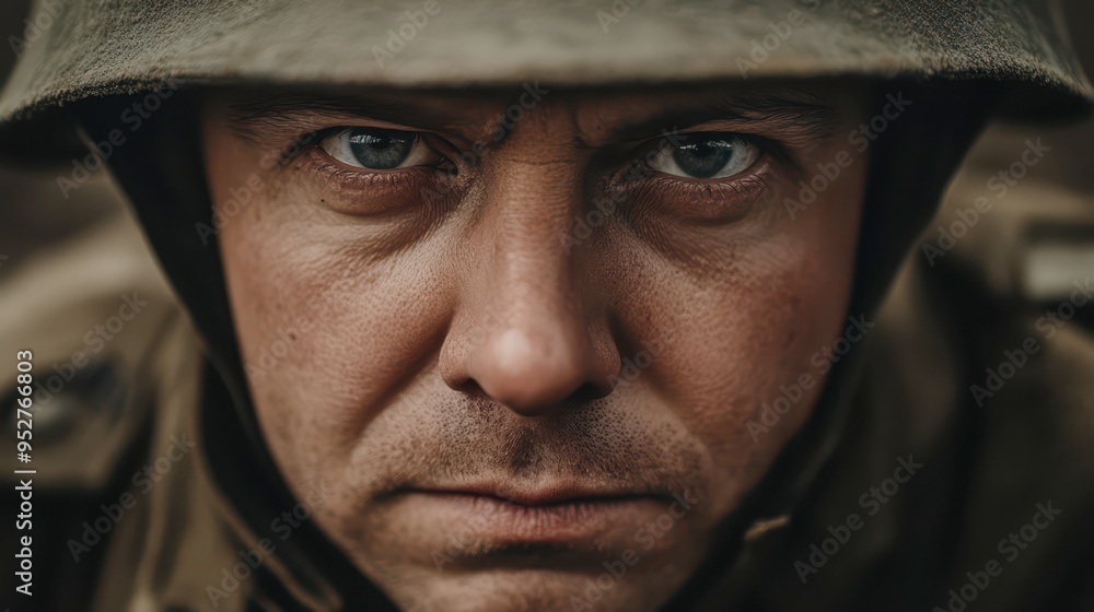 Soldier with determined expression in wartime setting during daylight hours Soldier with determined expression in wartime setting during daylight hours
