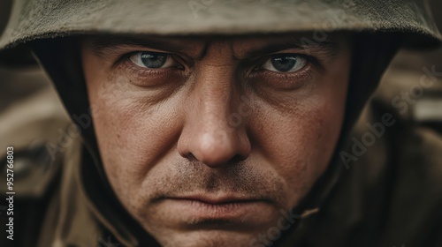 Soldier with determined expression in wartime setting during daylight hours