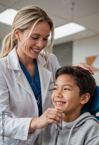 A female doctor smiles warmly while interacting with a young patient in a hospital, highlighting care and professionalism.