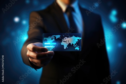 Wallpaper Mural Businessman Holding a Holographic World Map, Representing Global Reach and Innovation Torontodigital.ca