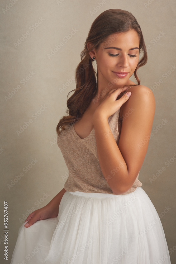 Woman, beauty and vision on studio background for skincare, dermatology and healthy skin with skirt. Female person, smile and thinking as model for happy, aesthetic and routine with facial treatment Woman, beauty and vision on studio background for skincare, dermatology and healthy skin with skirt. Female person, smile and thinking as model for happy, aesthetic and routine with facial treatment