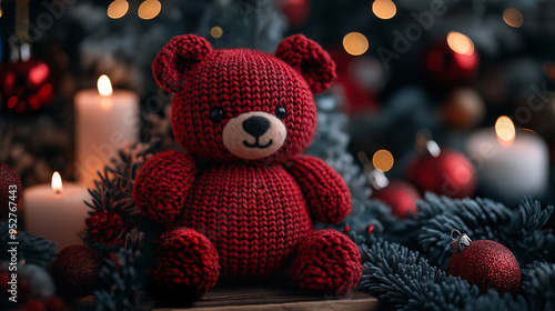 Wallpaper Mural Christmastime concept. Red knitted bear toy  sitting in front of a bunch of lit candles and a Christmas ornament with lights in the background. Torontodigital.ca