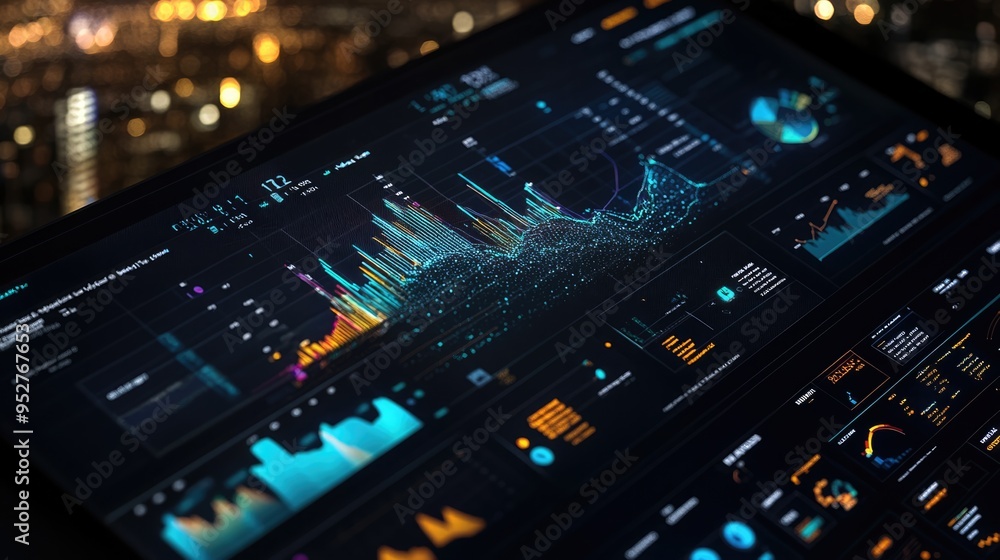 Close-up of a Laptop Screen Displaying Complex Data Visualizations with Blurry City Lights in the Background Close-up of a Laptop Screen Displaying Complex Data Visualizations with Blurry City Lights in the Background