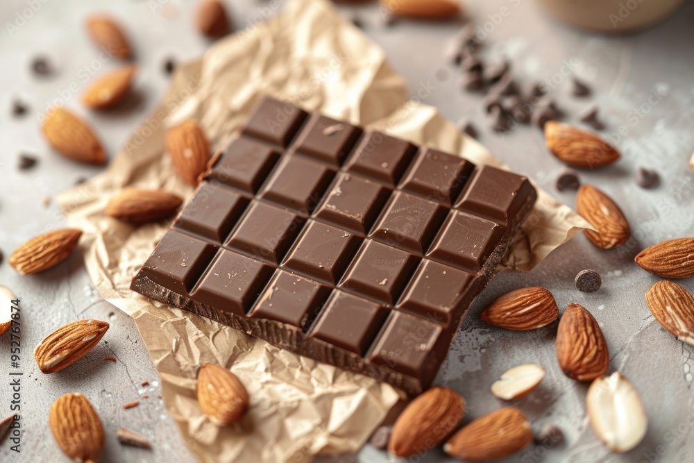 Gourmet Dark Chocolate Bar with Almonds on Parchment Paper - Perfect for Food Blog, Culinary Article, or Health and Wellness Design Gourmet Dark Chocolate Bar with Almonds on Parchment Paper - Perfect for Food Blog, Culinary Article, or Health and Wellness Design