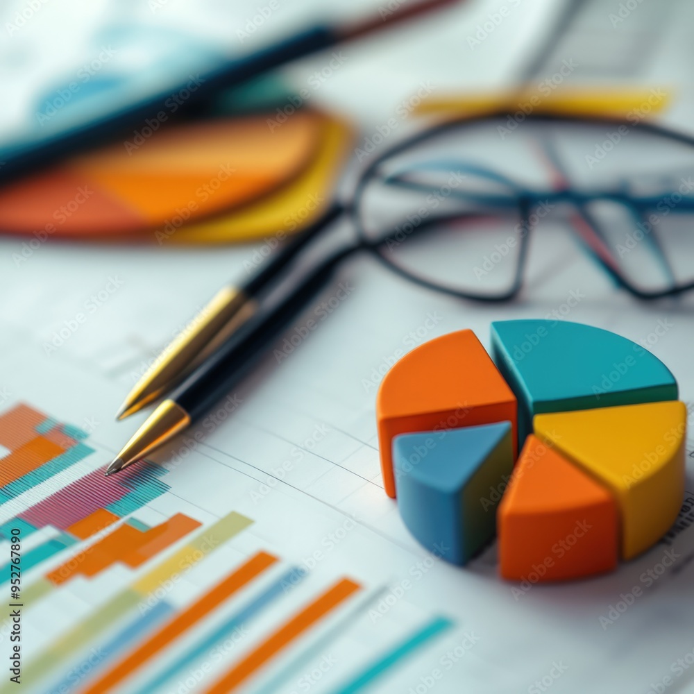 Colorful Pie Chart and Pens on a White Desk with a Business Report