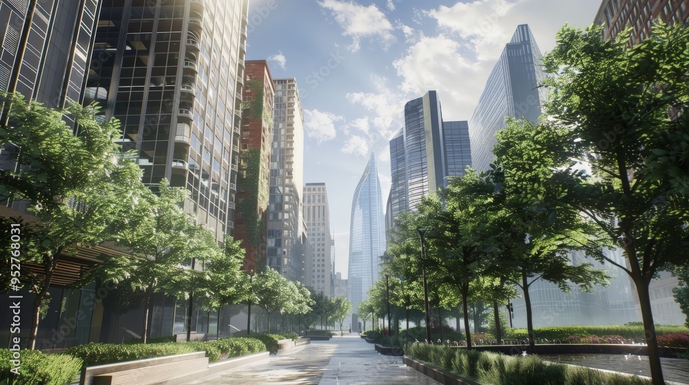 Fototapeta premium A modern cityscape showcasing towering skyscrapers and vibrant greenery under a bright blue sky.
