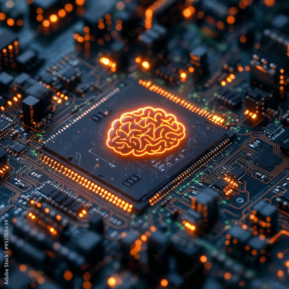 Microchip with brain icon on a glowing motherboard Microchip with brain icon on a glowing motherboard