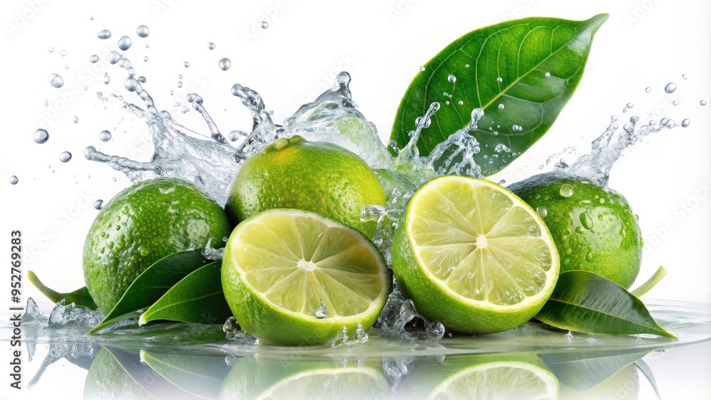 Fresh limes splashing with leaves, cut out, limes, fresh, splashing, leaves, citrus, green, tropical, juicy, refreshing, food Fresh limes splashing with leaves, cut out, limes, fresh, splashing, leaves, citrus, green, tropical, juicy, refreshing, food
