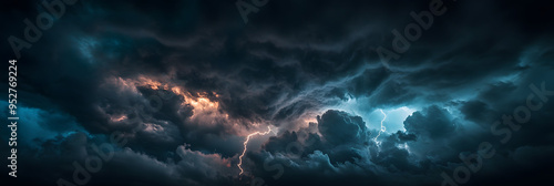 A dramatic sky with dark, stormy clouds and flashes of lightning. 