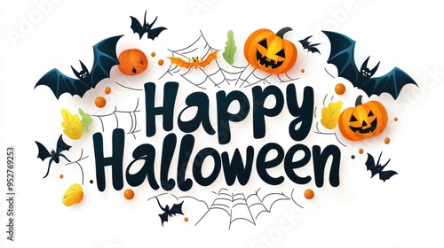 Happy Halloween Greeting with Bats Pumpkins and Spider Webs