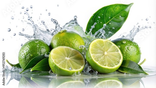 Fresh limes splashing with leaves, cut out, limes, fresh, splashing, leaves, citrus, green, tropical, juicy, refreshing, food