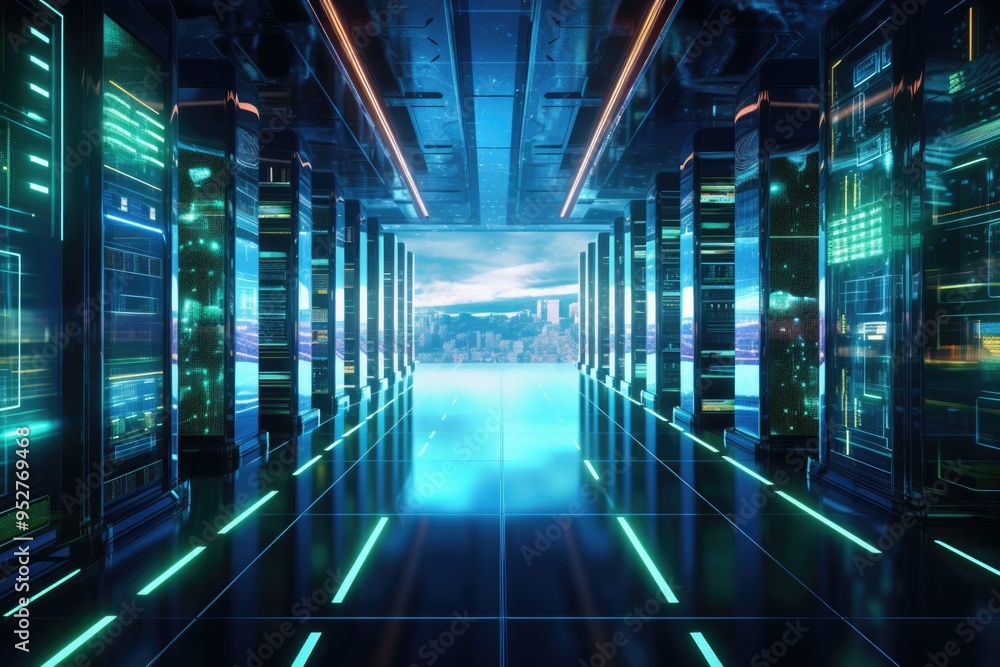 Futuristic Server Room with City View Through Open Door Futuristic Server Room with City View Through Open Door