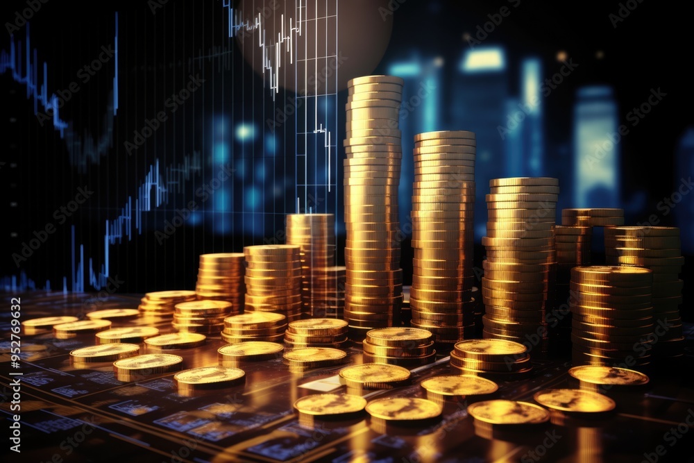 Gold Coins Stacked Against a Blurred Stock Market Chart Gold Coins Stacked Against a Blurred Stock Market Chart