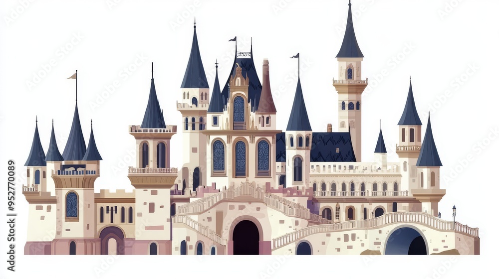 Obraz premium A parts diagram of a princesss castle, detailing the turrets, drawbridge, courtyard, and grand staircase, grand and ornate, flat , isolated on white background