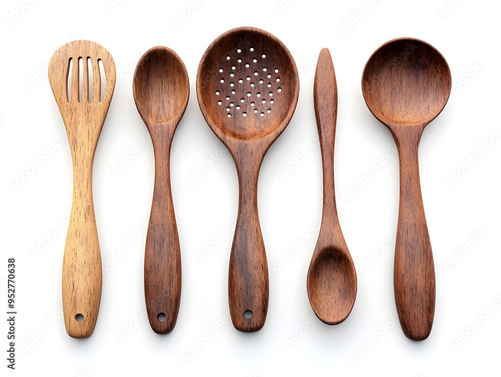 Artfully Arranged Rustic Wooden Kitchen Utensils on Bright White Background Artfully Arranged Rustic Wooden Kitchen Utensils on Bright White Background