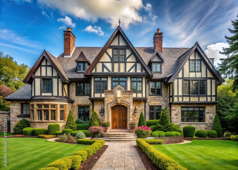 Elegant multi-gabled modern Tudor-style residence with rusticated stone façade, half-timbered upper floors, and ornate metalwork adorning grand entrance, nestled amidst lush green landscaping.