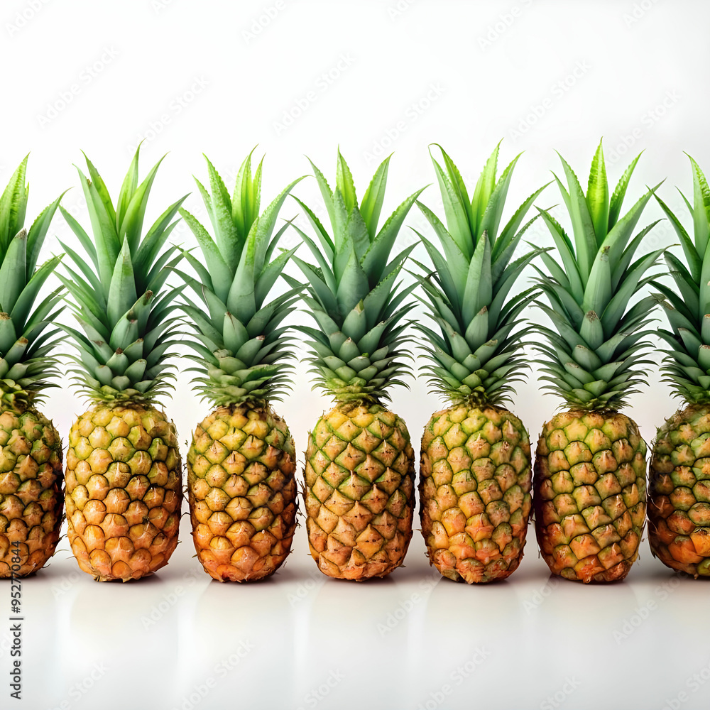 a row of pineapples with green leaves with white background a row of pineapples with green leaves with white background