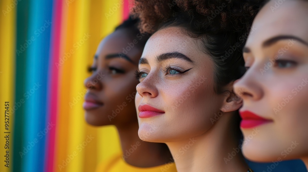 Three women pose confidently in front of a colorful background outdoors Three women pose confidently in front of a colorful background outdoors