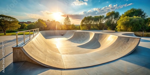 Empty, curved halfpipe for skateboarding stands alone in a bright, sunny outdoors setting with a smooth, white, transition-heavy interior awaiting daring tricks. photo