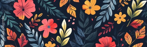 Vibrant floral pattern with colorful flowers and leaves on a dark background. Ideal for textiles, wallpapers, and digital designs.