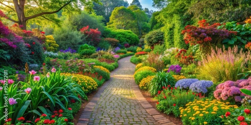 Fototapeta Naklejka Na Ścianę i Meble -  Peaceful path winding through a lush garden surrounded by colorful flowers and greenery, Path, garden, peaceful, lush