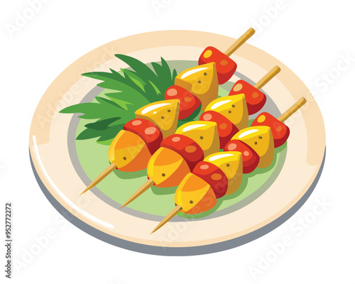 Chicken skewers with slices of sweet peppers and dill in plate in white background