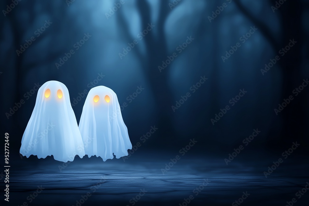 Two glowing ghosts in a misty forest setting for a spooky Halloween backdrop. Two glowing ghosts in a misty forest setting for a spooky Halloween backdrop.