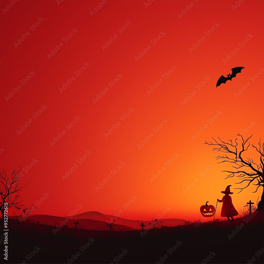 Silhouette of a witch with a pumpkin lantern against a red sunset sky, with bat and a graveyard in background., Halloween concept. Silhouette of a witch with a pumpkin lantern against a red sunset sky, with bat and a graveyard in background., Halloween concept.
