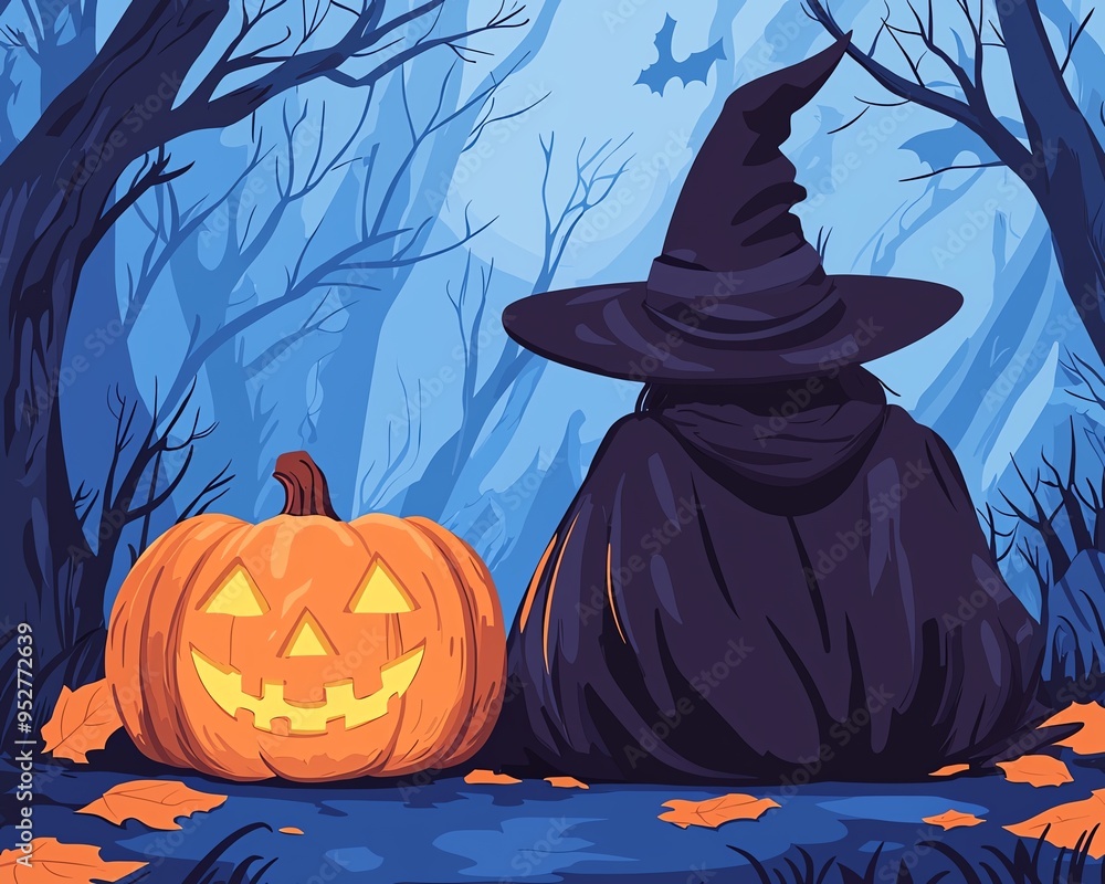 A lone witch and jack-o'-lantern in spooky forest, Halloween concept. A lone witch and jack-o'-lantern in spooky forest, Halloween concept.