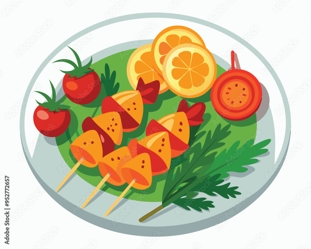 Chicken skewers with slices of sweet peppers and dill in plate in white background Chicken skewers with slices of sweet peppers and dill in plate in white background