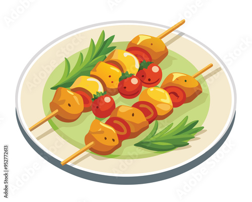 Chicken skewers with slices of sweet peppers and dill in plate in white background