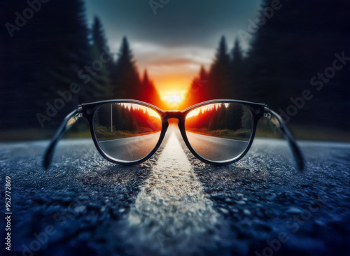 Glasses, the road is seen in sharp focus, leading towards a bright sunset in the distance clearly see the future photo