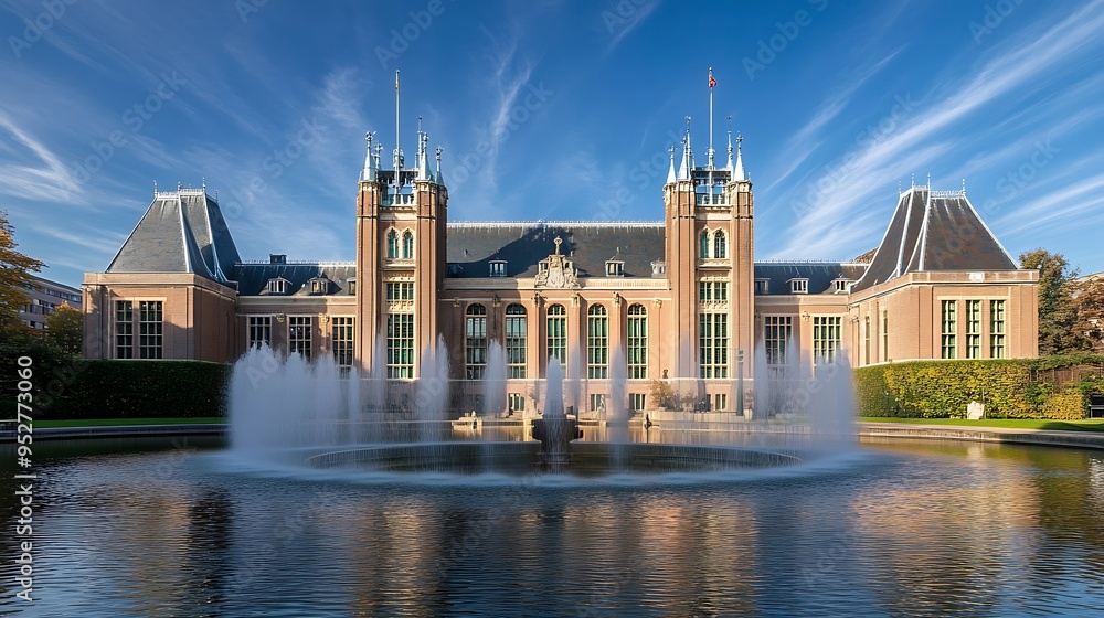 Fototapeta premium A grand, symmetrical building with a large fountain in front, surrounded by green trees and a blue sky with white clouds.