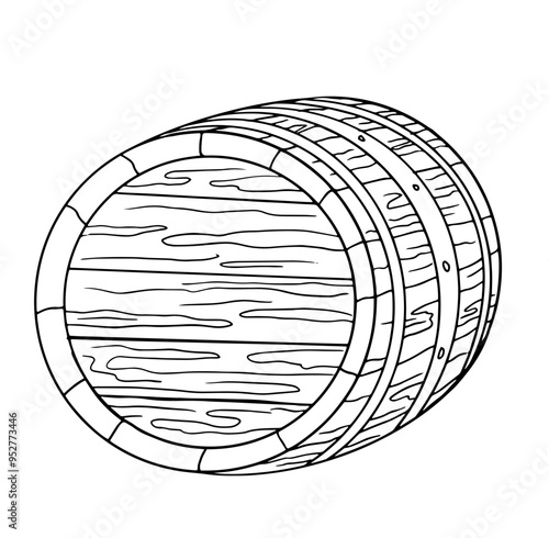 Black and white illustration of wooden barrel, detailed texture and metal bands. coloring page, traditional storage methods, rustic design for invitations, posters, banners, packages, themed events.
