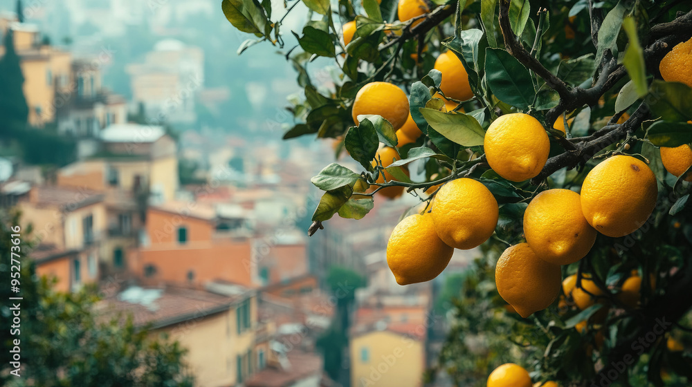 branches with ripe yellow lemons frame view of italian city, harvest, citrus, garden, tropical plant, south, italy, architecture, houses, copy space, place for text, wallpaper, postcard branches with ripe yellow lemons frame view of italian city, harvest, citrus, garden, tropical plant, south, italy, architecture, houses, copy space, place for text, wallpaper, postcard