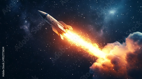 Fototapeta Naklejka Na Ścianę i Meble -  A rocket ship soaring through space with a fiery trail.