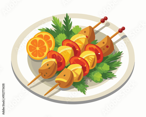 Chicken skewers with slices of sweet peppers and dill in plate in white background