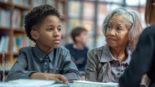 A young boy and an older woman engaged in an educational dialogue. Intergenerational Learning Exchange in a Library Setting. Generative ai