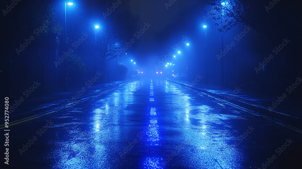 A gloomy night scene illuminated by blue neon lights, with moonlight rays shining through the smog and smoke, creating an eerie and futuristic atmosphere. A gloomy night scene illuminated by blue neon lights, with moonlight rays shining through the smog and smoke, creating an eerie and futuristic atmosphere.