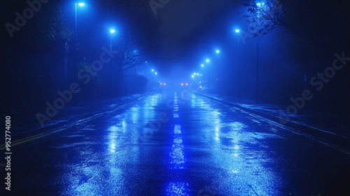 A gloomy night scene illuminated by blue neon lights, with moonlight rays shining through the smog and smoke, creating an eerie and futuristic atmosphere.