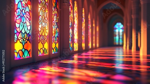 Wallpaper Mural Colorful Stained Glass Windows in a Hallway with Reflected Light on the Floor Torontodigital.ca