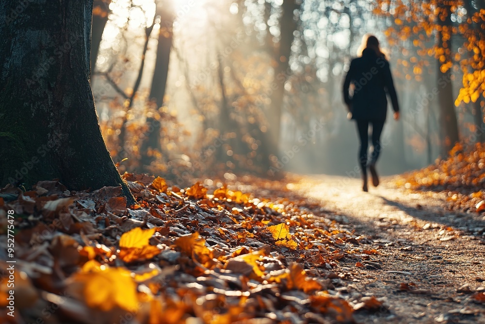 Person strolling on leafy path in sunlit forest Person strolling on leafy path in sunlit forest