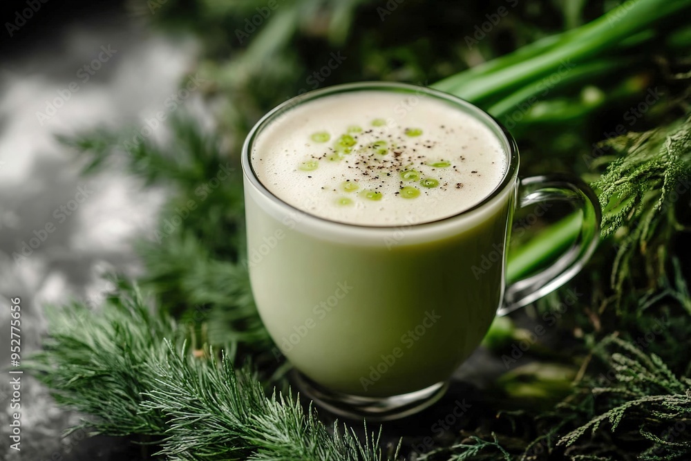 Green onion latte surrounded by fresh scallions. Green onion latte surrounded by fresh scallions.