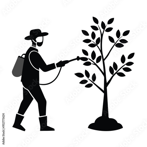 a Protecting Crops From Pests Farmer Wearing Mask Sprays Fruit Tree Vector silhouette, isolated white background, 