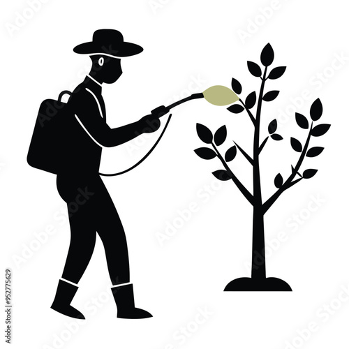 a Protecting Crops From Pests Farmer Wearing Mask Sprays Fruit Tree Vector silhouette, isolated white background, 