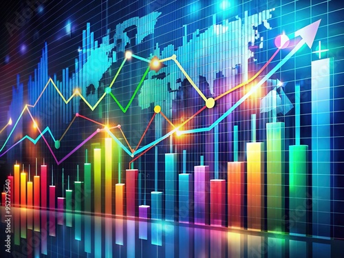 Financial investments flourish beneath the curves of a vibrant graph, where stocks rise and fall like waves on a colorful shore.