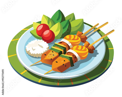 Grilled Chicken Skewers with Rice and Vegetables Served on Plate vector illustration