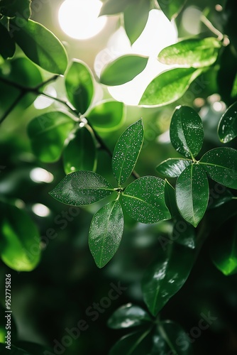 Fresh green leaves with water droplets glistening in the sunlight, showcasing their vibrant color and natural beauty.